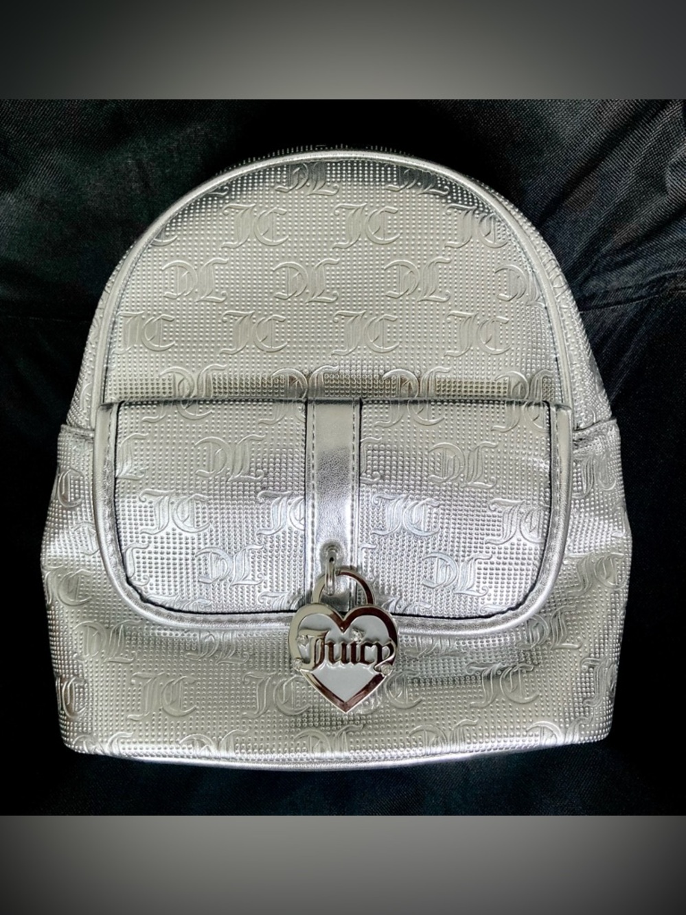 Juicy Couture Metallic Silver Mini Backpack with Heart Charm